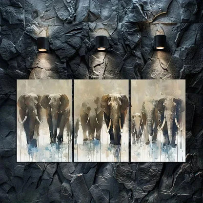 3pcs Prehistoric Wildlife Mammoth Herd Metal Print Ready to Hang Art