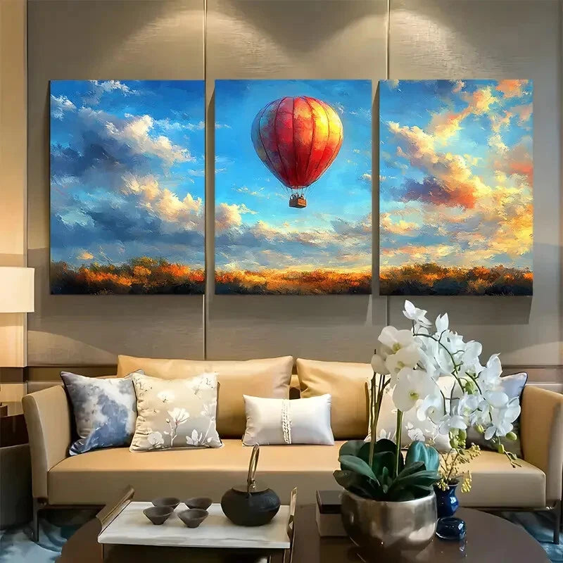 3pcs Vibrant Hot Air Balloon with Sky View Metal Print Ready to Hang Art
