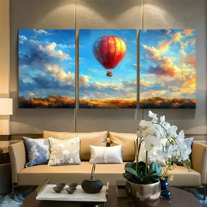 3pcs Vibrant Hot Air Balloon with Sky View Metal Print Ready to Hang Art