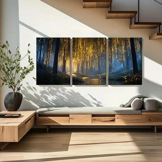 3pcs Enchanted Forest Glow Mystical Night Scene Metal Print Ready to Hang Art