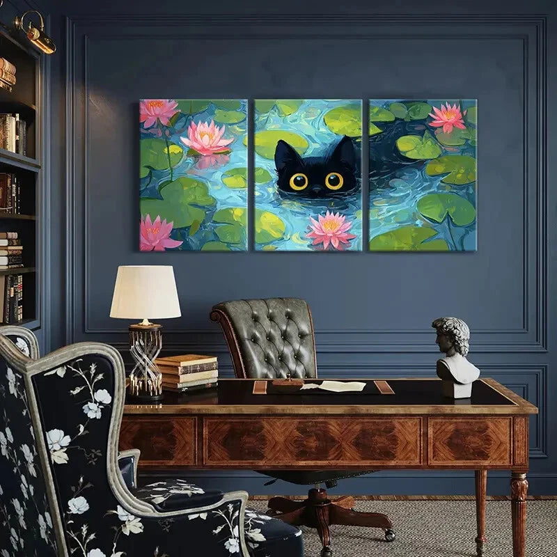 3pcs Black Cat in Lotus Pond Water Lily Abstract Metal Print Ready to Hang Art