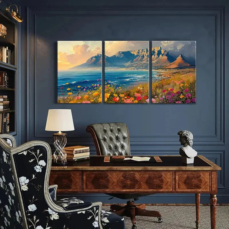 3pcs Mountain Landscape Vibrant Flowers Coastal Metal Print Ready to Hang Art