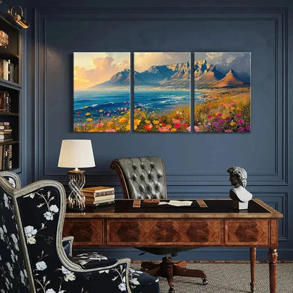 3pcs Mountain Landscape Vibrant Flowers Coastal Metal Print Ready to Hang Art