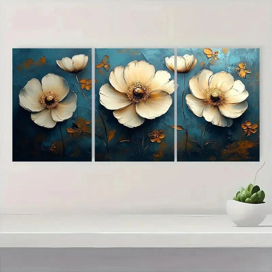 3pcs Modern Elegant Golden & White Floral Metal Print Ready to Hang Art