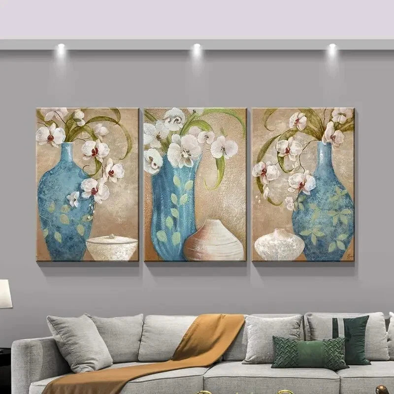 3pcs Modern Minimalist Floral Bouquet in Blue Metal Print Ready to Hang Art