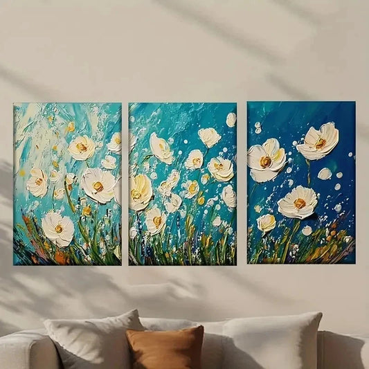 3pcs White Flowers on a Blue Background Wall Art Set Canvas Framed 40x60cm - High Quality Print 100% Australian Made Wall Canvas Ready to Hang