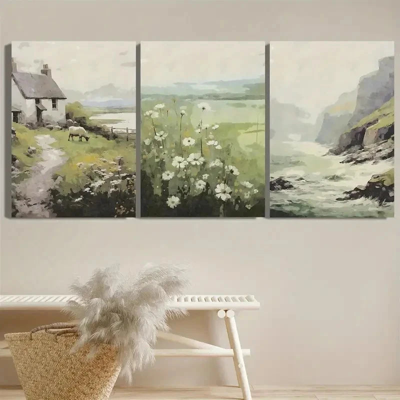 3pcs Painting Cliffs of Thatched House Metal Print Ready to Hang Art