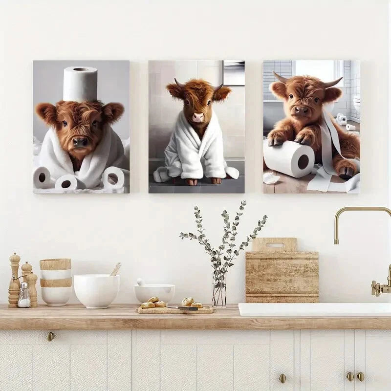 3pcs Cartoon Animal Highland Cow Art Prints Set Metal Print Ready to Hang Art