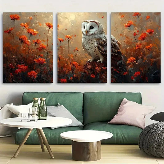 3pcs Charming Barn Owl Nocturnal Bird of Prey Metal Print Ready to Hang Art
