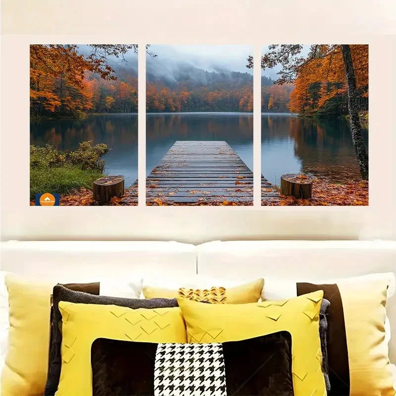 3pcs Autumn Leaves On A Misty Lake Wall Art Set Canvas Framed 50x70cm - High Quality Print 100% Australian Made Wall Canvas Ready to Hang