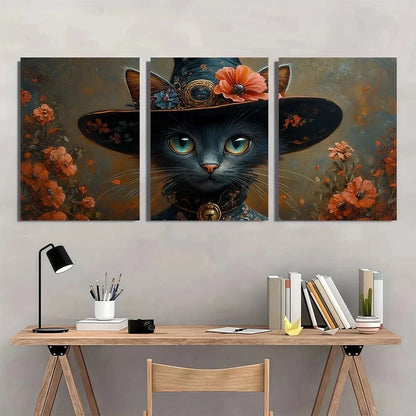 3pcs Witch Cat with Flower Cap Oil Painting Metal Print Ready to Hang Art