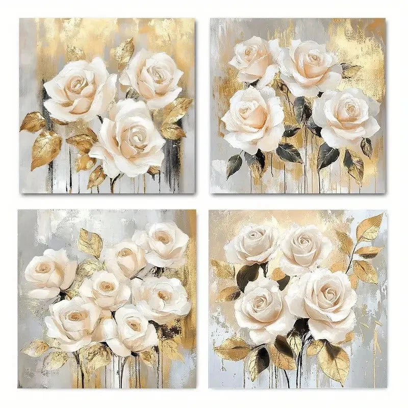 4pcs Flower Art White Floral Vintage Abstract Wall Art Canvas Framed