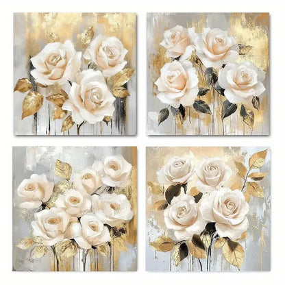 4pcs Flower Art White Floral Vintage Abstract Wall Art Canvas Framed