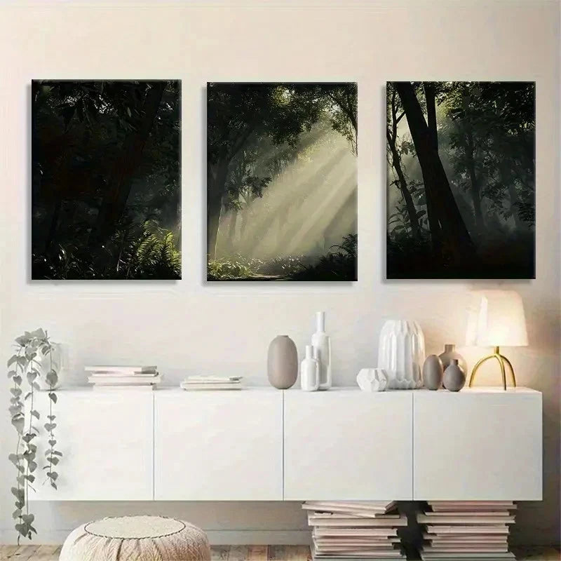 3pcs Natural Landscape with Lush Green Leaves Metal Print Ready to Hang Art