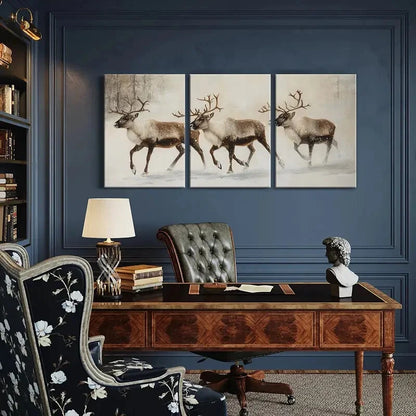 3pcs Winter Reindeer Art Snowy Landscape Metal Print Ready to Hang Art