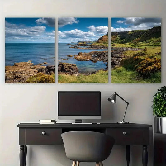 3pcs Cullen Beach Scotland Illustration Wall Art Set Canvas Framed 50x70cm - High Quality Print 100% Australian Made Wall Canvas Ready to Hang