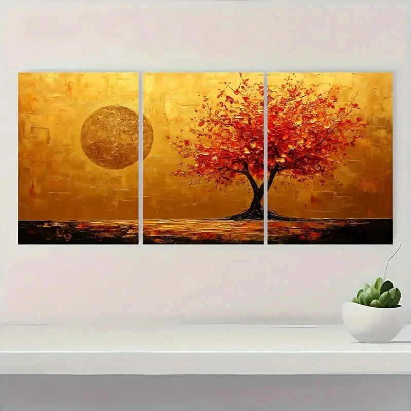 3pcs Abstract Golden Tree Minimalist Metal Print Ready to Hang Art