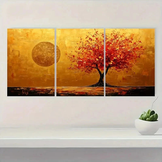 3pcs Abstract Golden Tree Minimalist Metal Print Ready to Hang Art