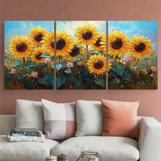 3pcs Sunflowers Floral Still Life Illustration Metal Print Ready to Hang Art