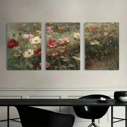 3pcs Vintage Wildflowers with Poppies Painting Metal Print Ready to Hang Art