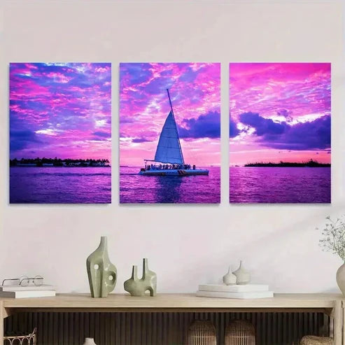3pcs Sunset Sailboat Bright Pink & Purple Sky Wall Art Set Canvas Unframed - High Quality Print 100% Australian Made Wall Canvas