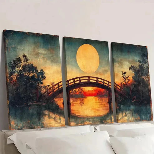 3pcs Japanese Ukiyo Meguro Drum Bridge Wall Art Canvas Unframed - High Quality Print 100% Australian Made Wall Canvas