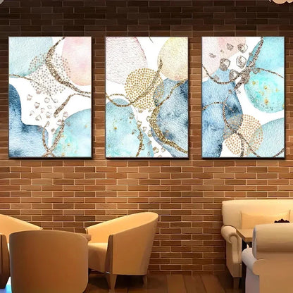 3pcs Abstract Vibrant Blue & Golden Geometric Metal Print Ready to Hang Art