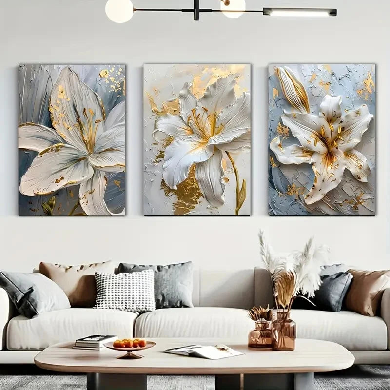 3pcs Elegant Golden and White Flowers Metal Print Ready to Hang Art