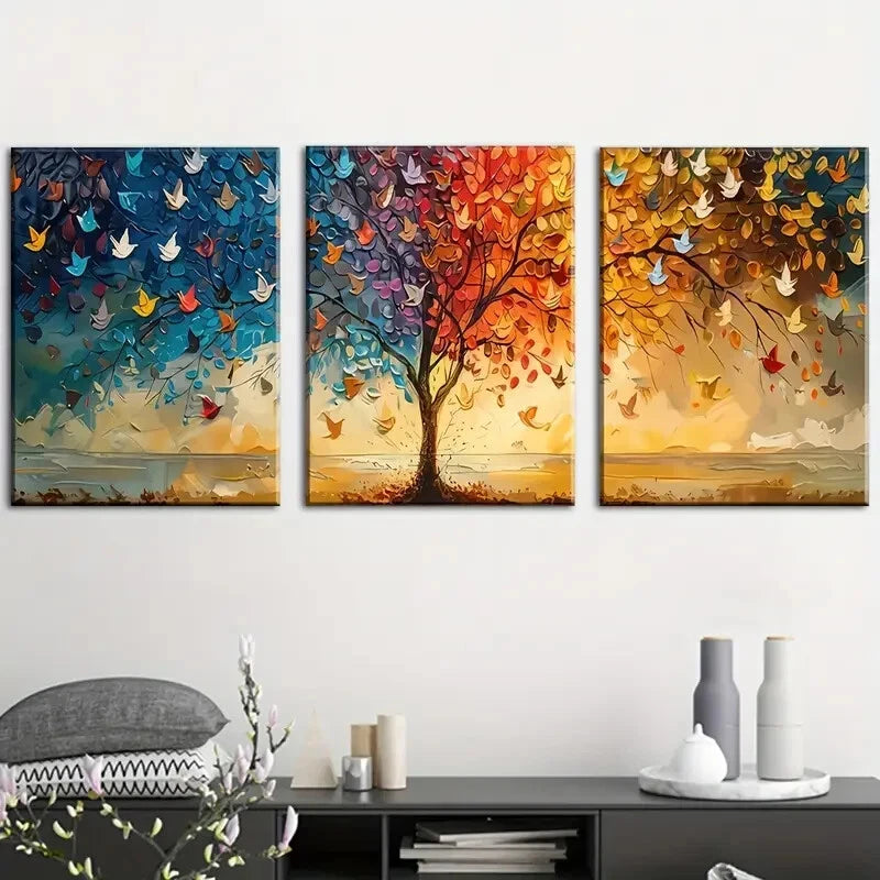 3pcs Vibrant Tree of Life Colorful Birds & Foliage Metal Print Ready to Hang Art