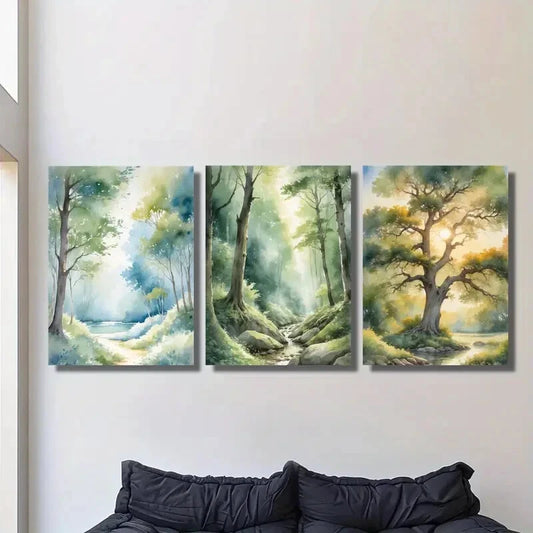 3pcs Featuring a Serene Forest Path And River Metal Print Ready to Hang Art