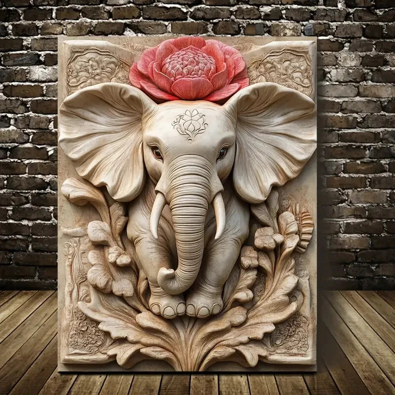 Featuring an Elephant Surrounded by Floral Painting 40x60cm Metal Print Ready to Hang