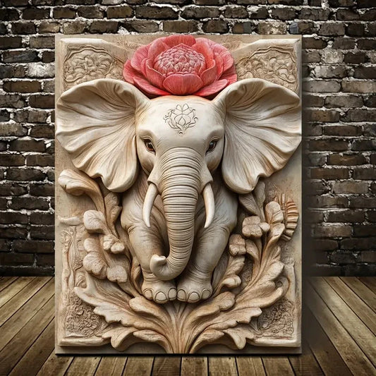 Featuring an Elephant Surrounded by Floral Painting 40x60cm Metal Print Ready to Hang