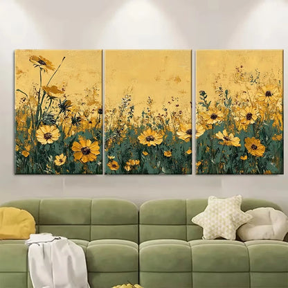 3pcs Golden Vintage Wildflower Field Landscape Metal Print Ready to Hang Art
