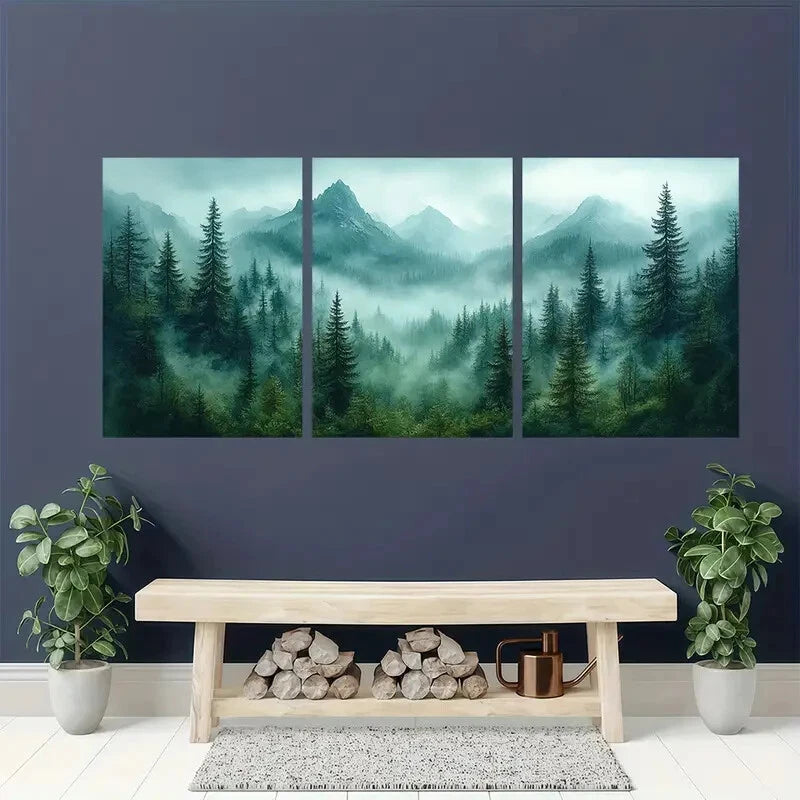3pcs Foggy Mountain & Pine Tree Landscape Scenery Metal Print Ready to Hang Art