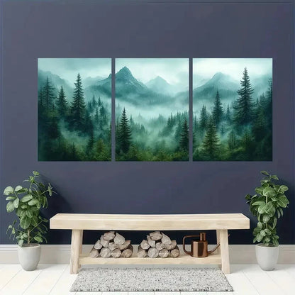 3pcs Foggy Mountain & Pine Tree Landscape Scenery Metal Print Ready to Hang Art