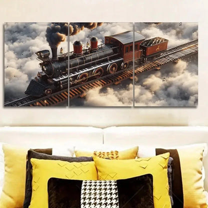 3pcs Old Piano Steam Train Black Smoke Metal Print Ready to Hang Art