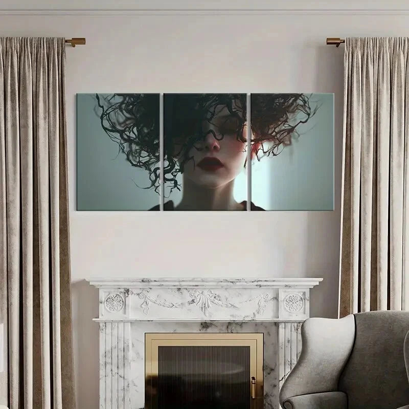 3pcs Woman Face Curly Hair Red Lips Metal Print Ready to Hang Art