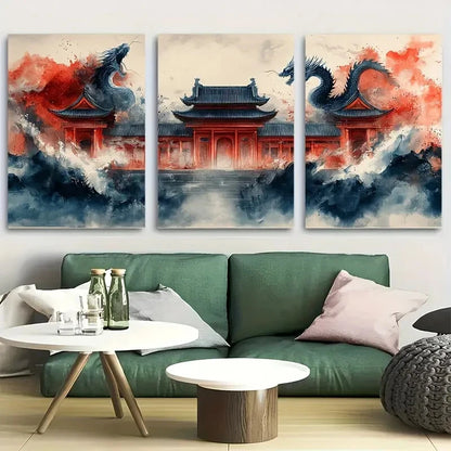 3pcs Twin Dragons Japanese Building Metal Print Ready to Hang Art