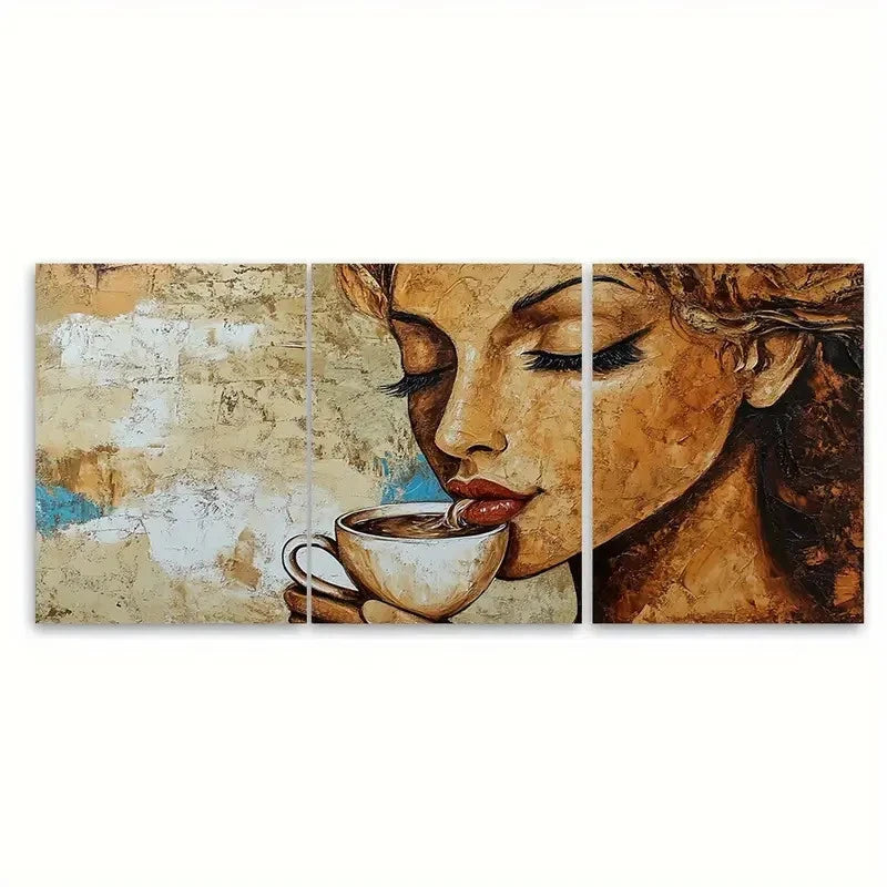 3pcs Abstract Lady Drinking Coffee Portrait Wall Art Set Canvas Framed 40x60cm - High Quality Print 100% Australian Made Wall Canvas Ready to Hang