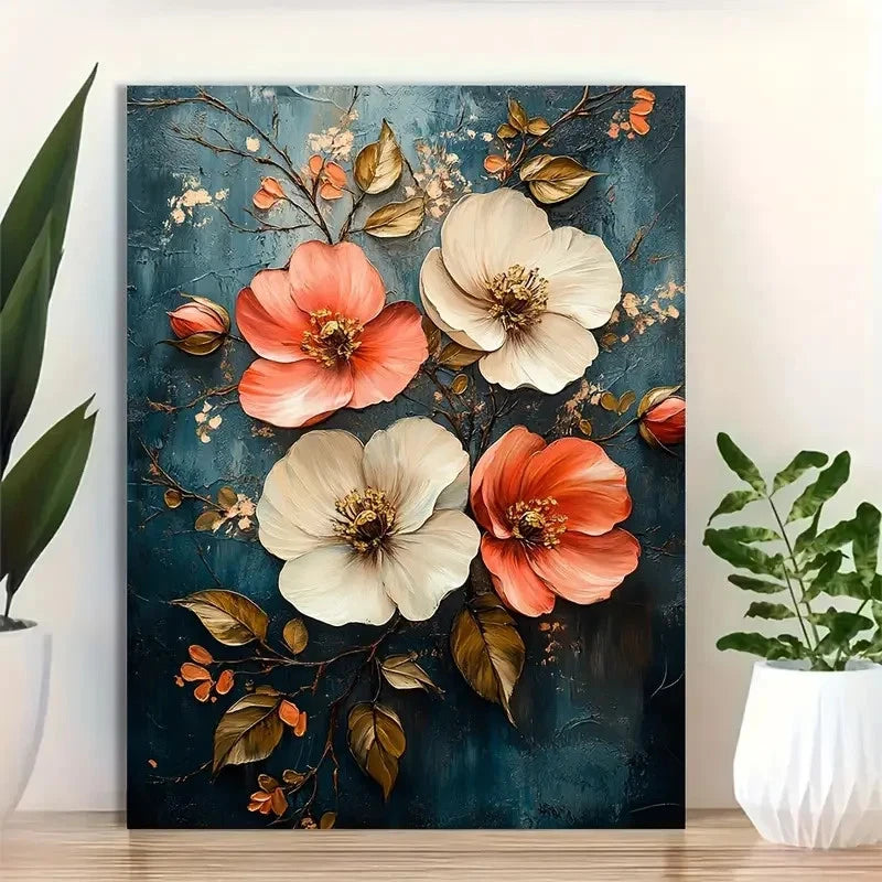 Beautiful Blooming Flowers In Pink White Painting 40x60cm Metal Print Ready to Hang