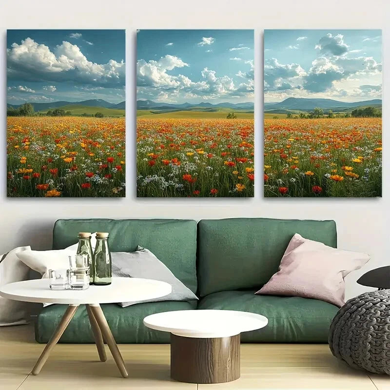 3pcs Charming Countryside Wildflower Scenery Metal Print Ready to Hang Art