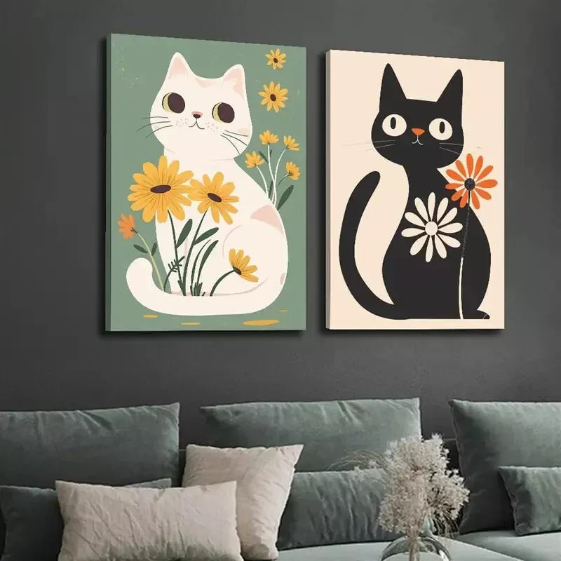 2pcs Colorful Garden Black Cat Cute White Cat, Yellow Daisy Boho Canvas Framed 50x75cm - High Quality Print 100% Australian Made Wall Canvas Ready to Hang