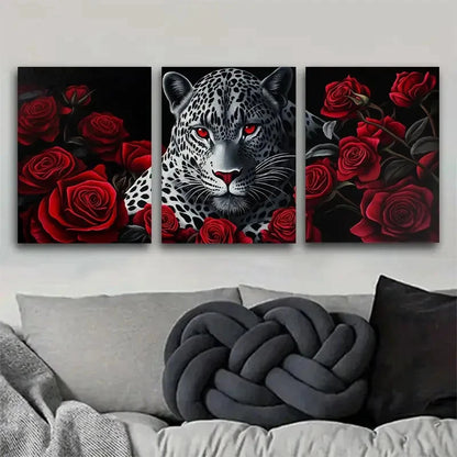 3pcs Majestic Vibrant Leopard and Red Rose Metal Print Ready to Hang Art