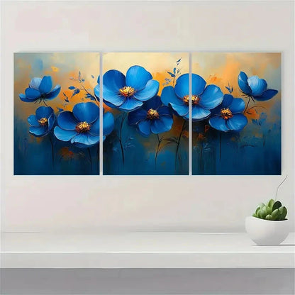 3pcs Original Blue Floral Oil Painting Metal Print Ready to Hang Art