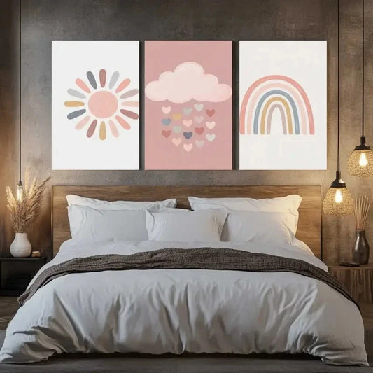 3pcs Sun Cloud Rainbow Painting Metal Print Ready to Hang Art