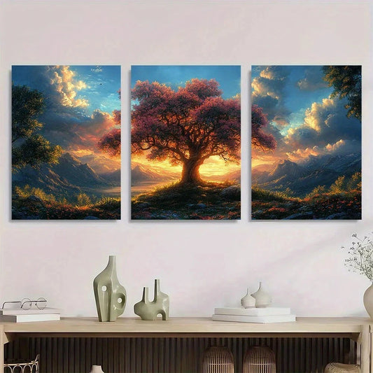 3pcs Vibrant Sunset Mystical Tree & Mountain Metal Print Ready to Hang Art