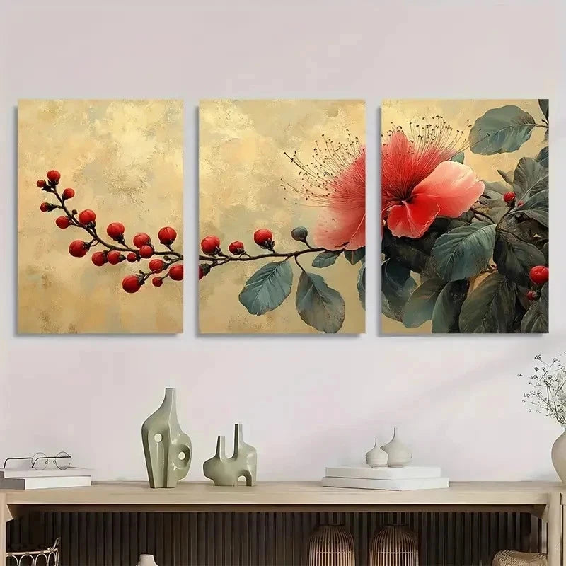 3pcs Calandra Beige Red Tropical Plant Perfect Wall Art Set Canvas Framed 40x60cm - High Quality Print 100% Australian Made Wall Canvas Ready to Hang