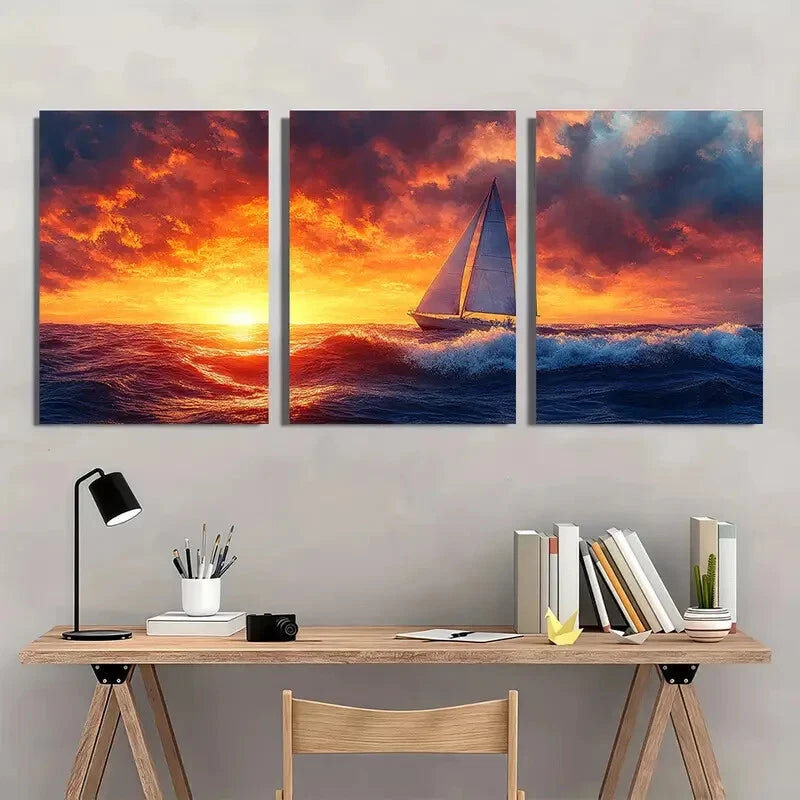 3pcs Minimalist Blue Waves & Sailboat Ocean Metal Print Ready to Hang Art