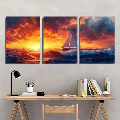 3pcs Minimalist Blue Waves & Sailboat Ocean Metal Print Ready to Hang Art