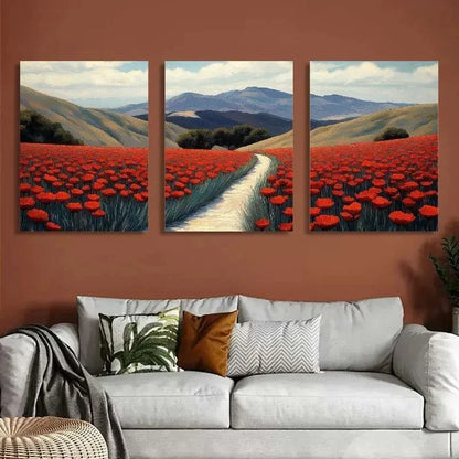 3pcs Elegant Classic Poppy Field Metal Print Ready to Hang Art